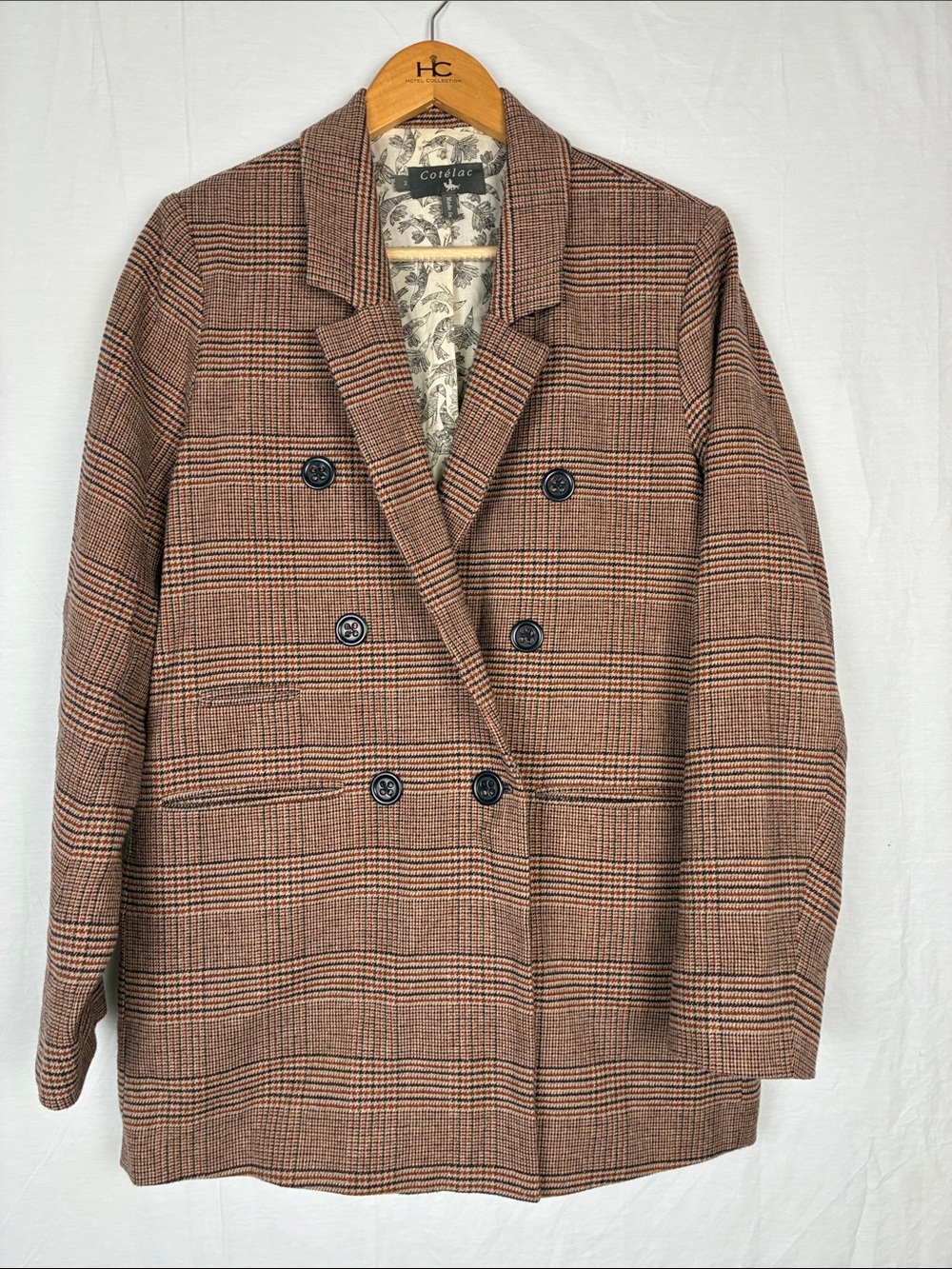 Cotelac Women's 2 Double-Breasted Plaid Blazer Jacket Brown Wool Linen Blend